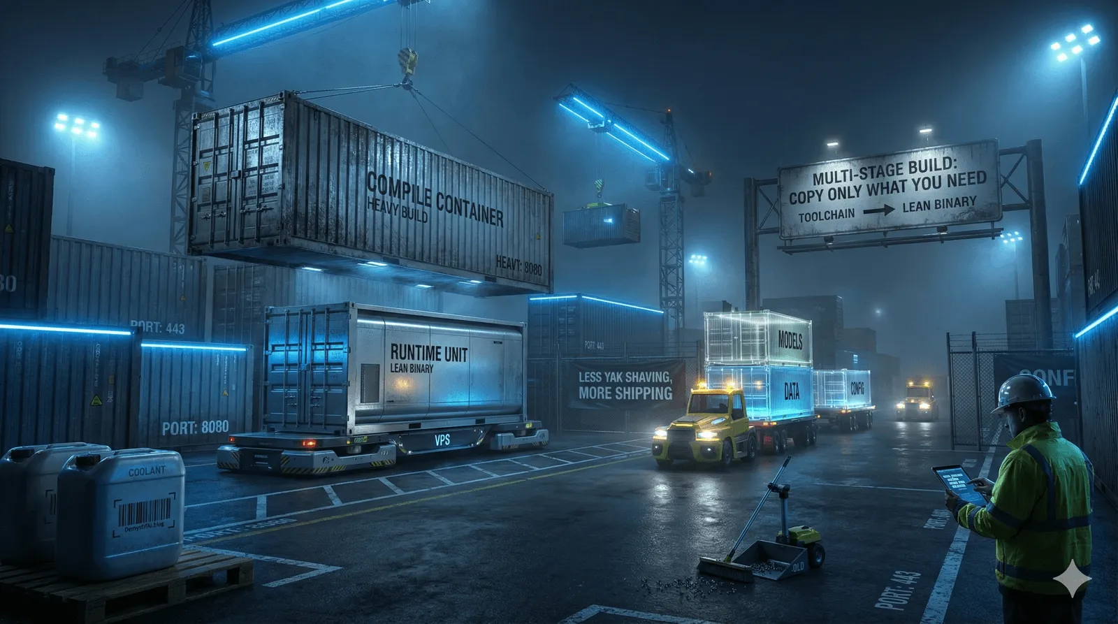 Construction site with containers representing multi-stage build