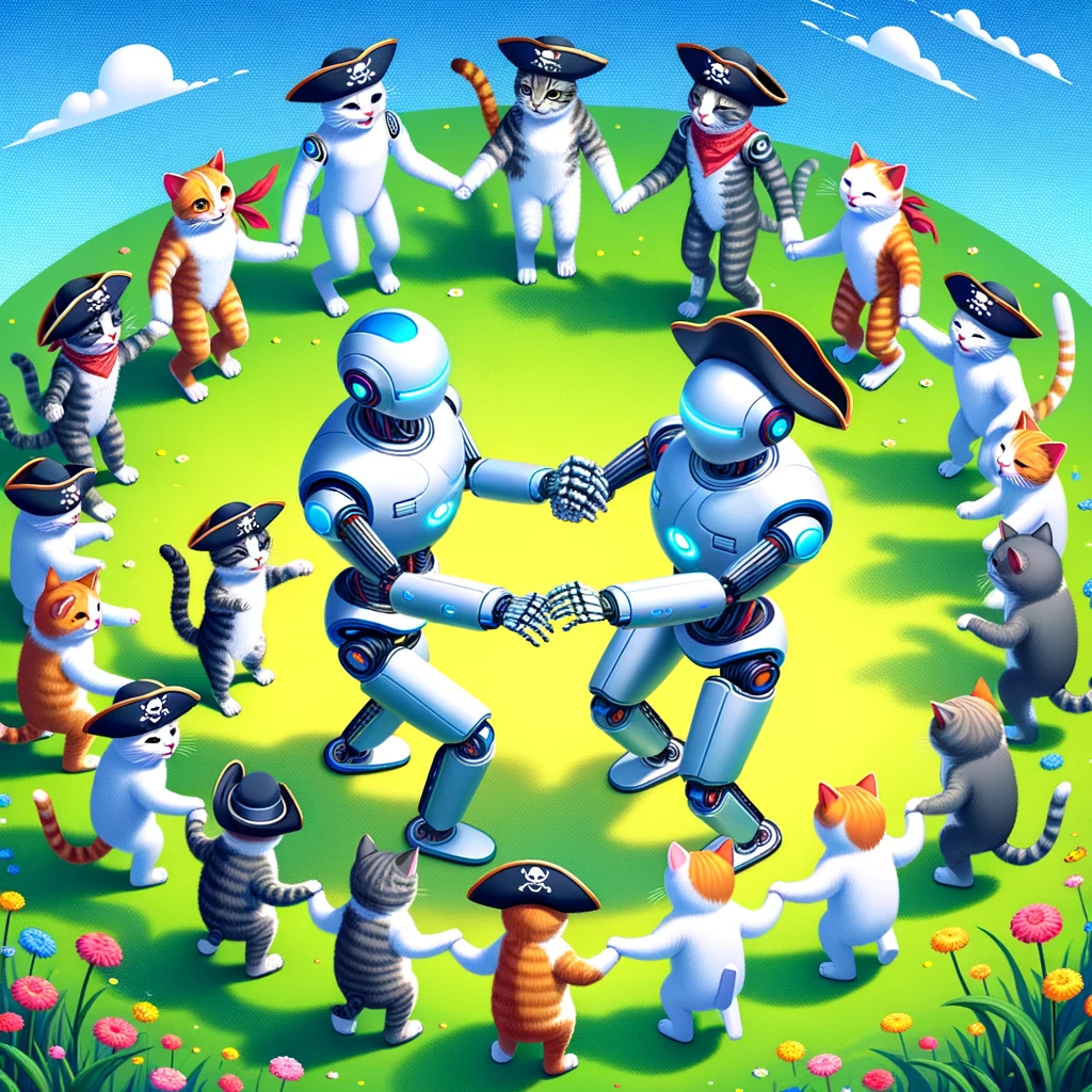 Robots and cats cheerfully dancing in a circle holding hands