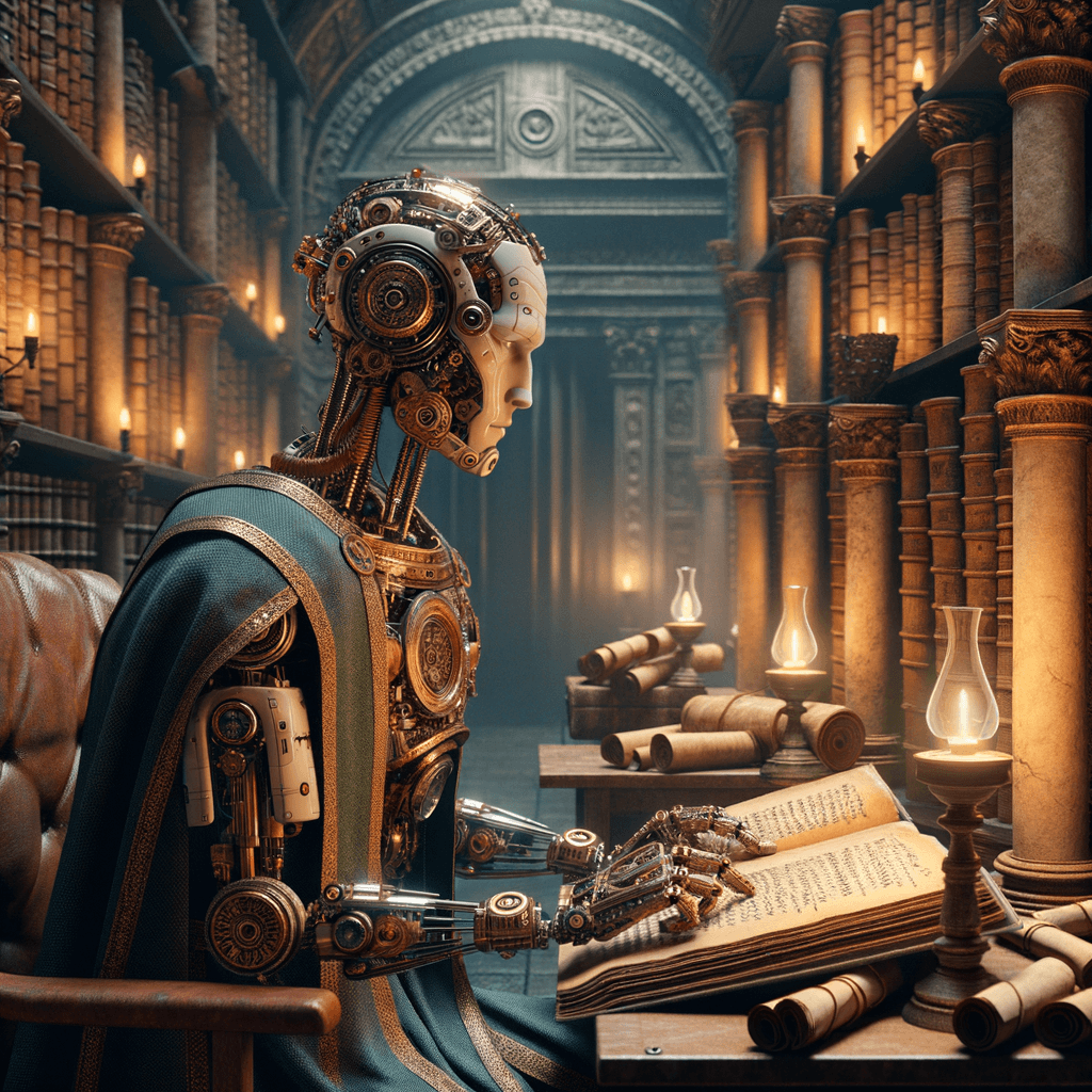 Robot intensely studying in the library