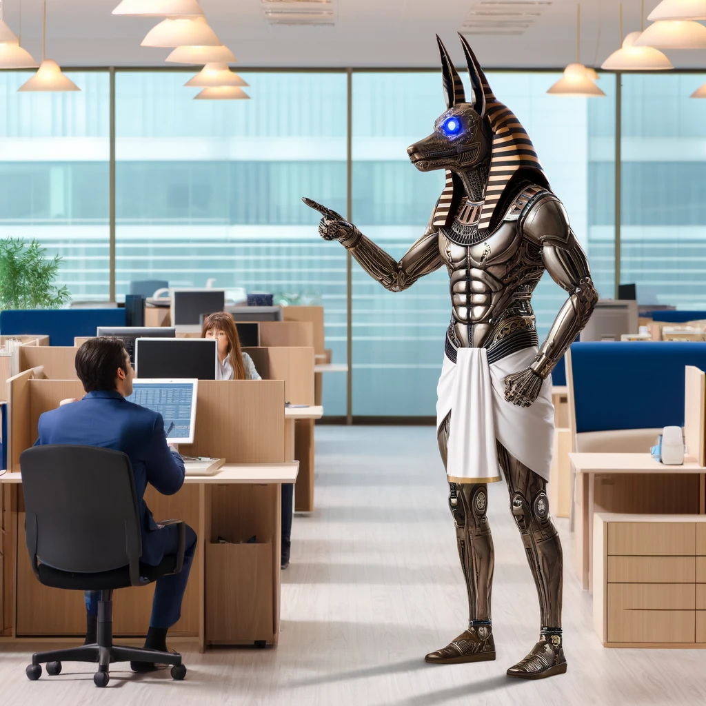 Robotic Anubis scolding somebody at the office